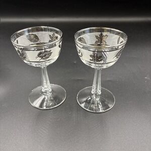 Libbey Silver Leaf Set of  2 Champagne/Wine/Sherbet Vintage Stemware MCM 5 "